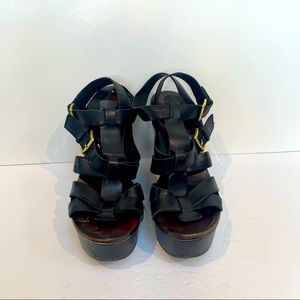 ASH Black Leather Strapy Wedges with Gold Buckles